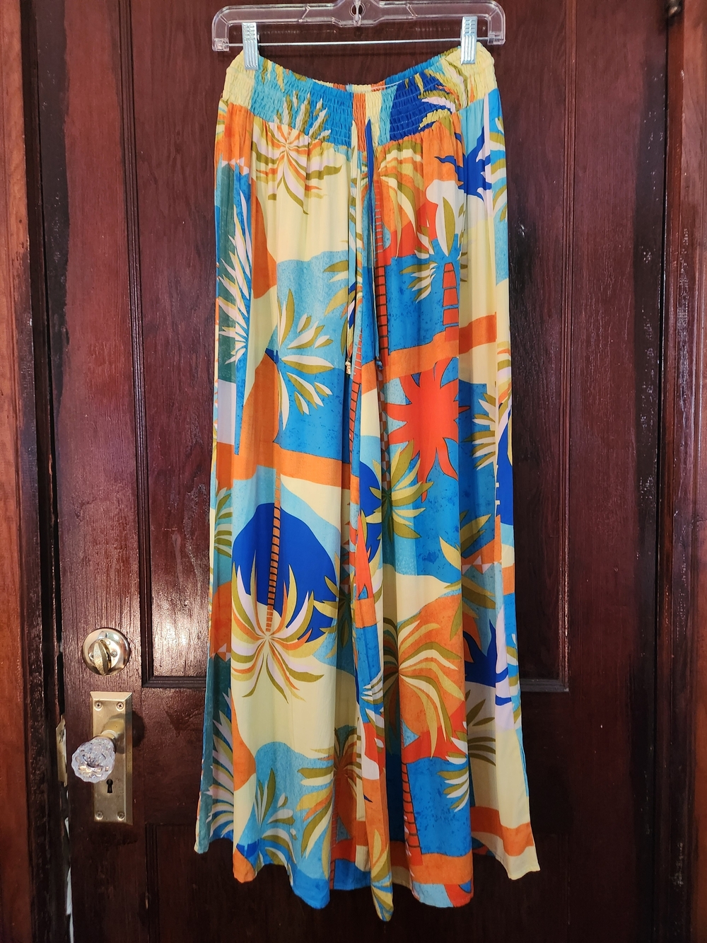 Wide Leg Tropical Print Pants in Yellow & Blue